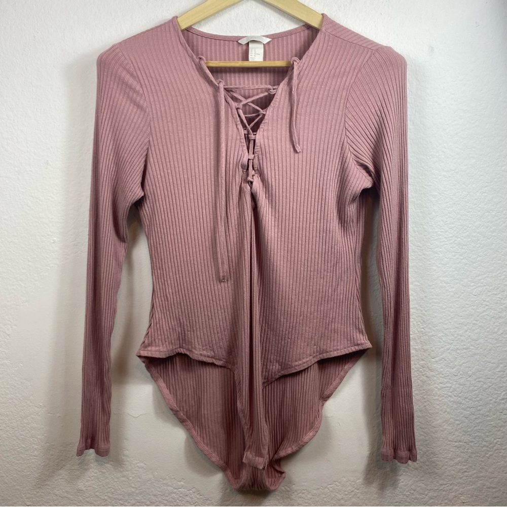 H&M Women’s XL Bodysuit Ribbed Lace Up Mauve‎